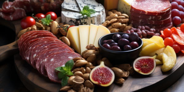 charcuterie board with fruit meat and cheese