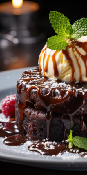 Close up of chocolate molten cake with vanilla ice cream