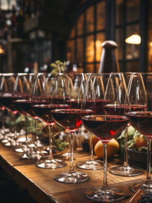 2 rows of red wine glasses for a wine tasting