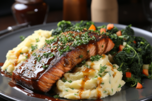 salmon with honey glazed mashed potatoes and veggies